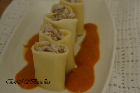 Paccheri relleno de carne y champiñones