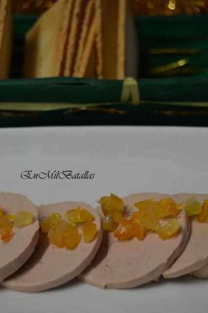 Medallones de mousse de foie, Malvasía, presentación con naranja y cidra confitadas