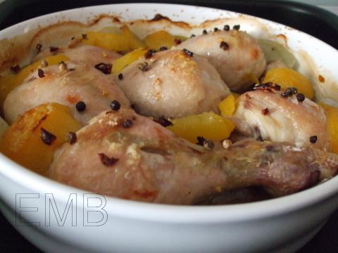 Pollo asado con melocotones